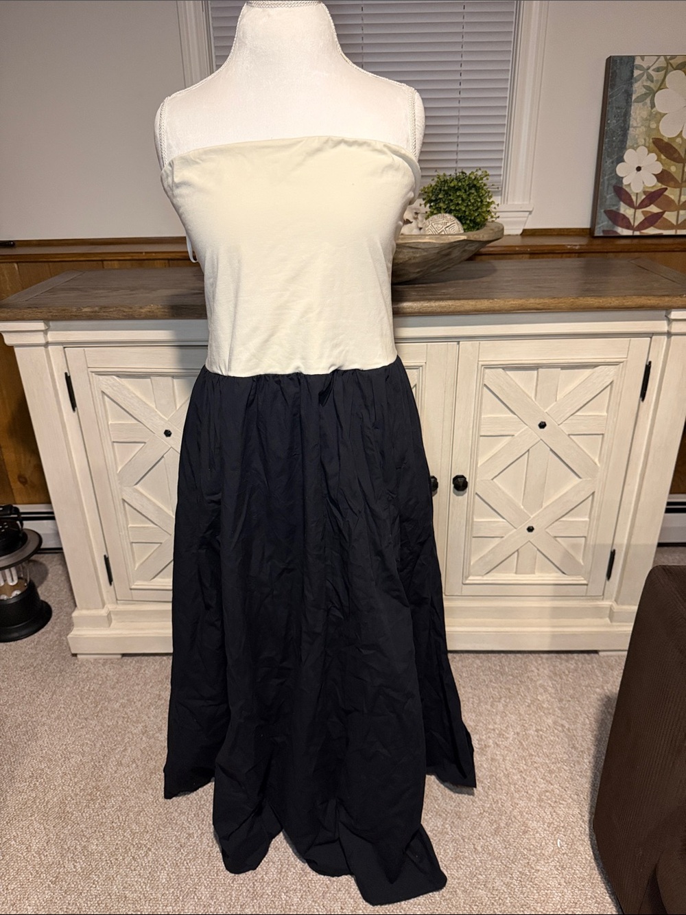 J. Crew Cream and Black Strapless Maxi Dress